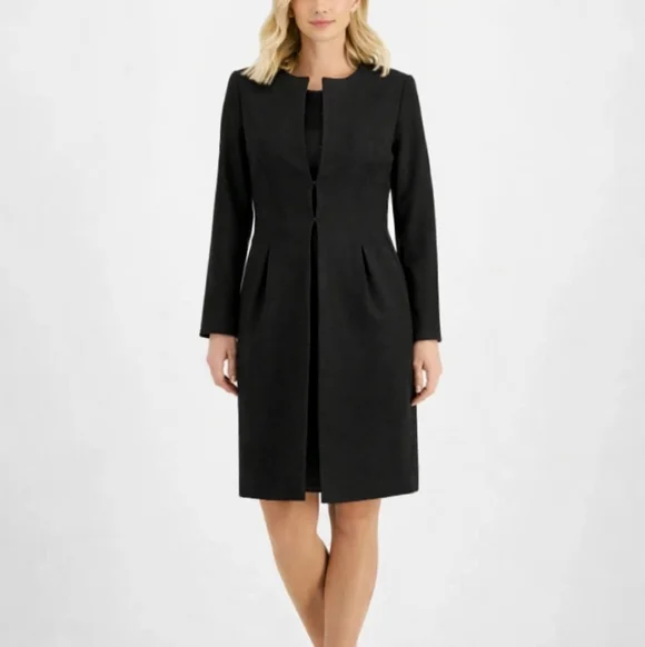 Le Suit Black Long Blazer Collarless Jacket Structured Career Minimalist Open 18 - Picture 1 of 16